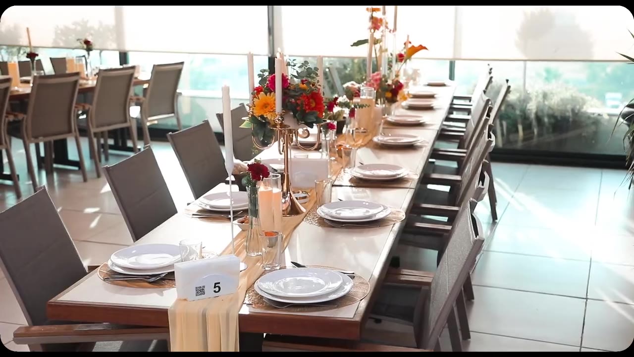 Wedding film of the floral arch and dining hall