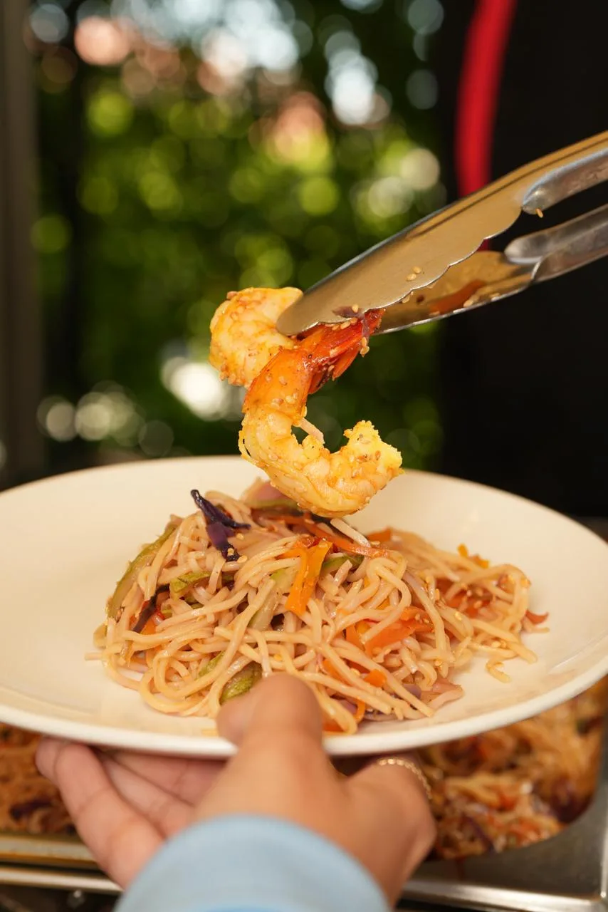 Shrimp pasta plated by the chef